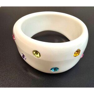 Vintage White Lucite Bangle Bracelet Rhinestone Studded Chunky Dome Y2K Mod Styl